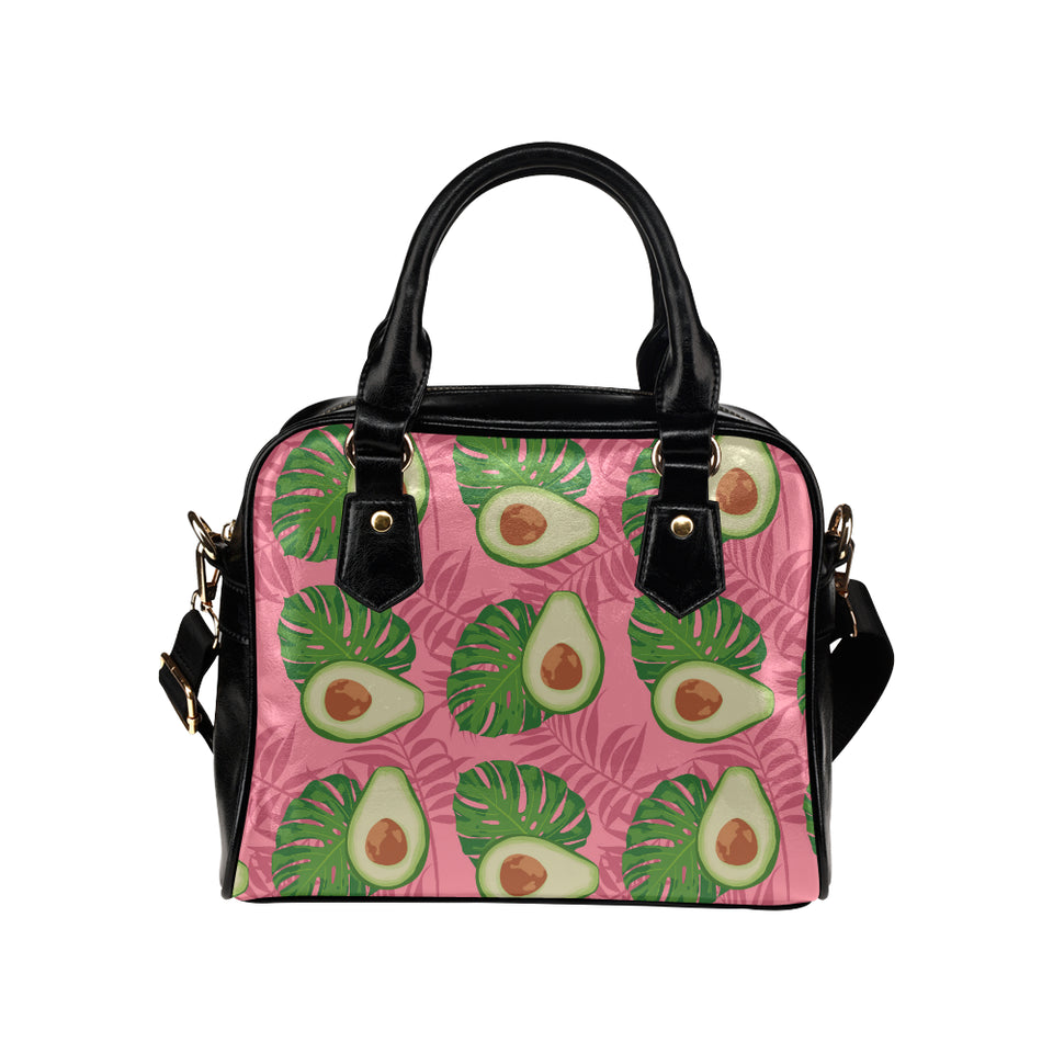 Avocado slices leaves pink back ground Shoulder Handbag
