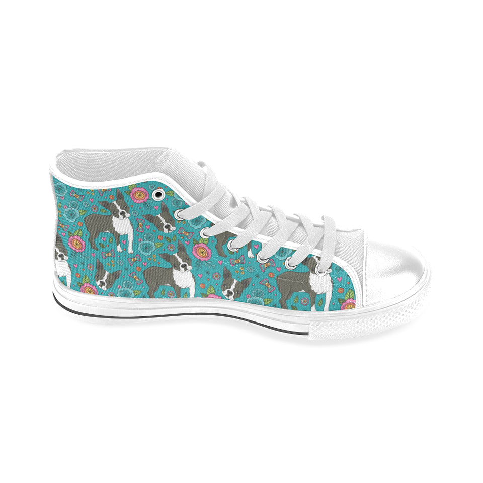 Boston terrier beautiful flower pattern Men's High Top Canvas Shoes White