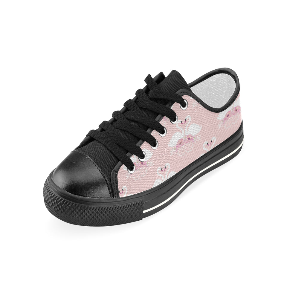 White swan and flower love pattern Women's Low Top Canvas Shoes Black