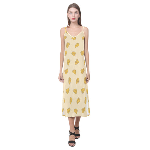 Cheese pattern V-Neck Open Fork Long Dress