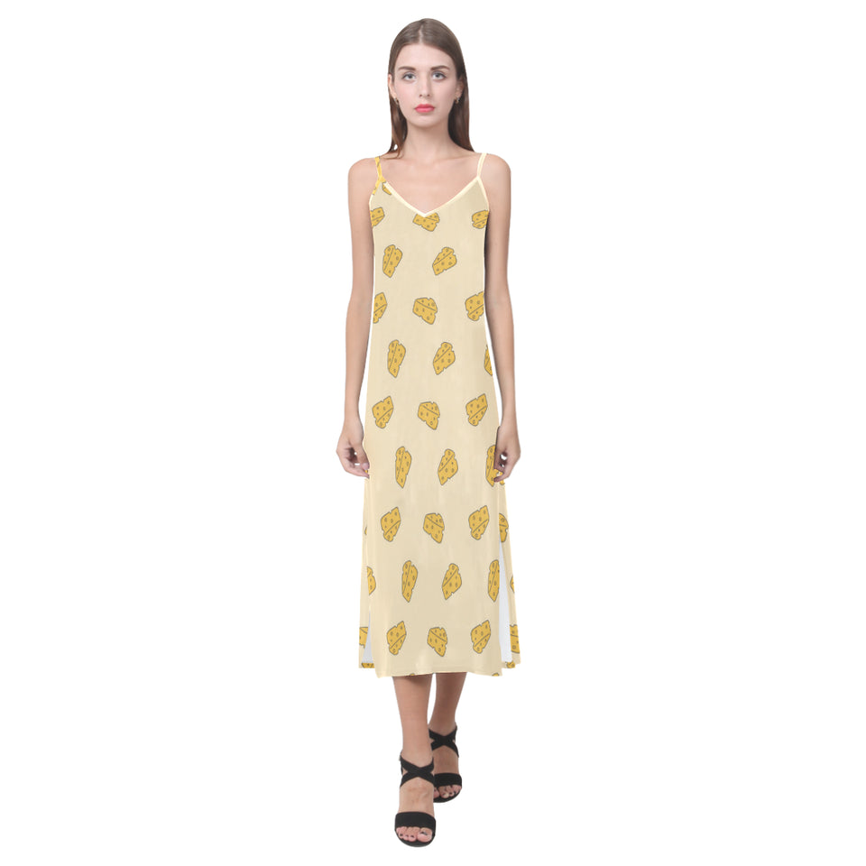 Cheese pattern V-Neck Open Fork Long Dress