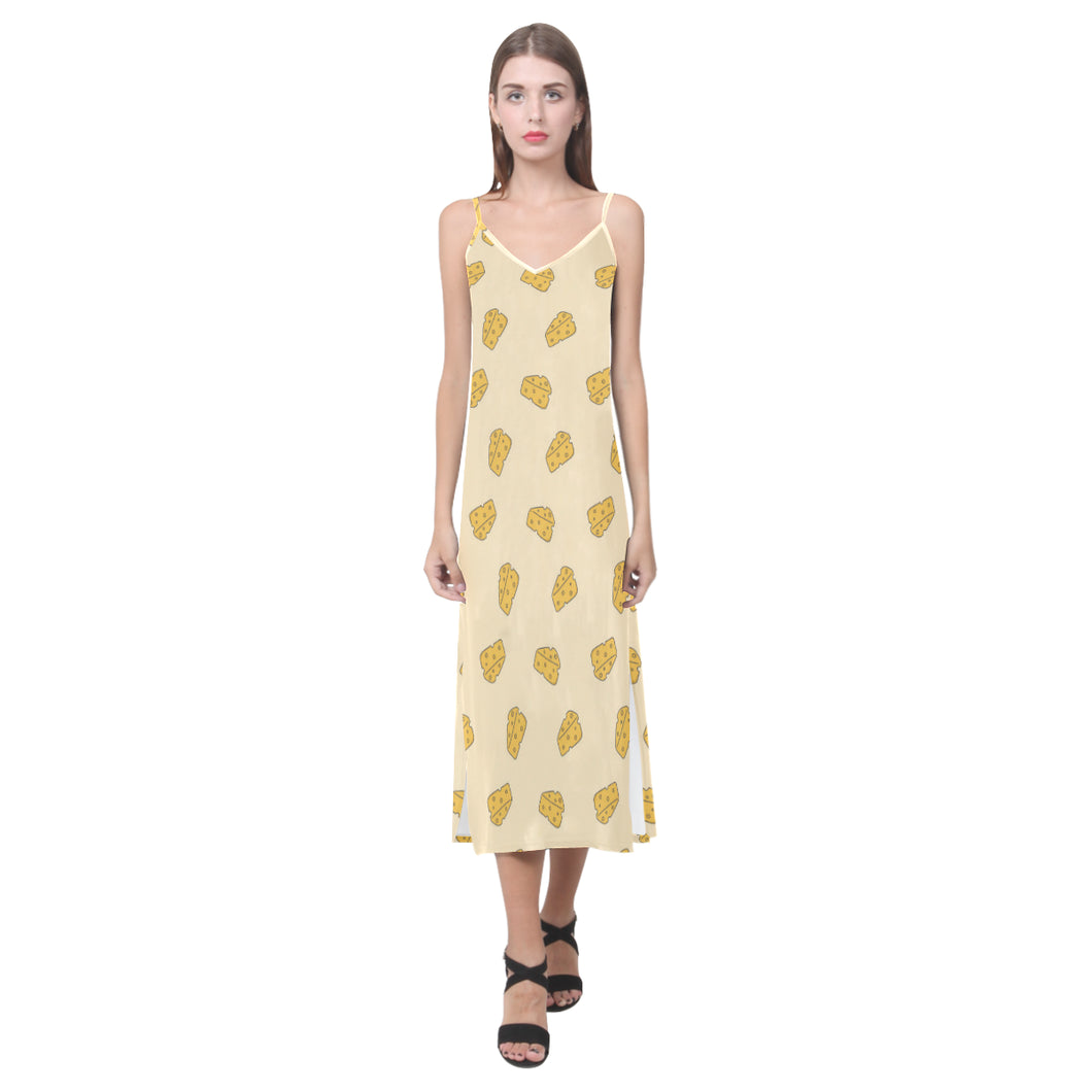 Cheese pattern V-Neck Open Fork Long Dress
