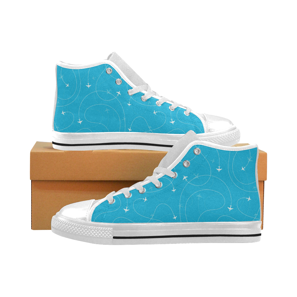 Airplane destinations blue background Men's High Top Canvas Shoes White