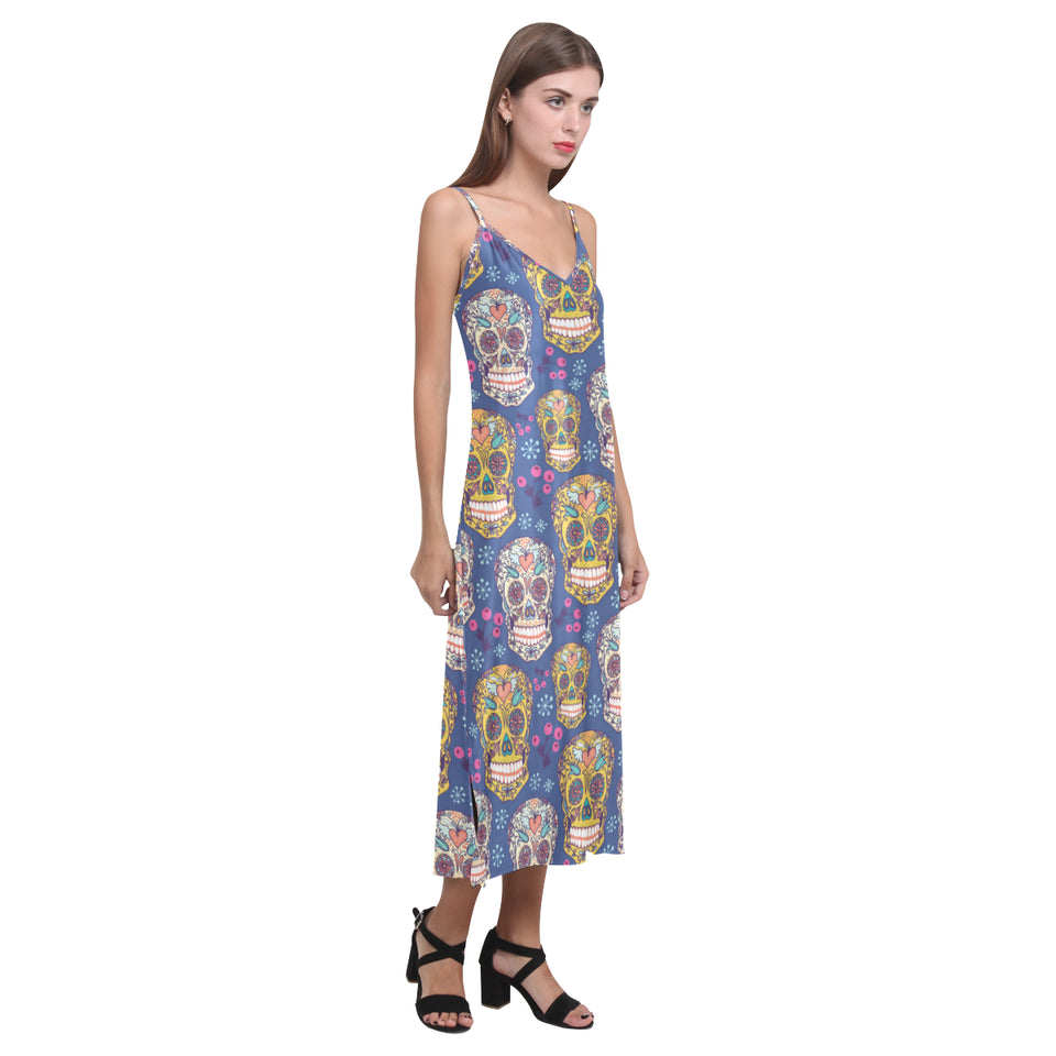 Sugar skull flower pattern V-Neck Open Fork Long Dress