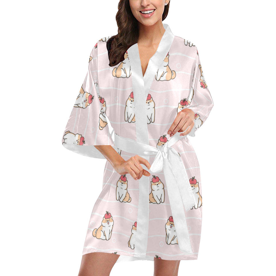 Cute Shiba Inu Dog Apple pattern Women's Short Kimono Robe