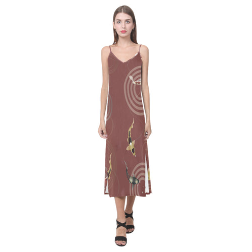 Fancy Carp red background V-Neck Open Fork Long Dress