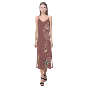 Fancy Carp red background V-Neck Open Fork Long Dress