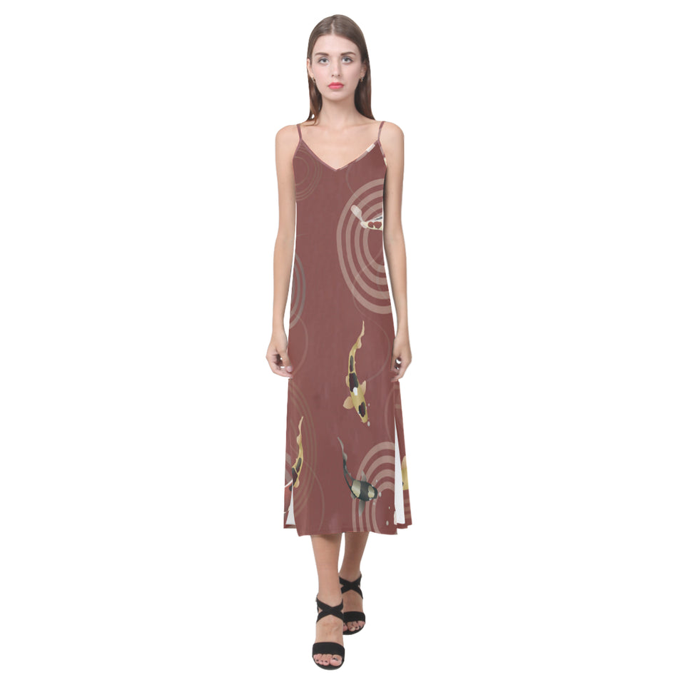 Fancy Carp red background V-Neck Open Fork Long Dress