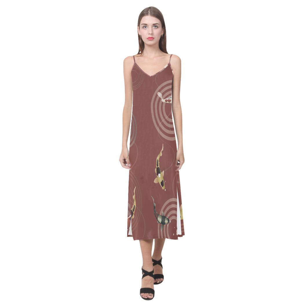 Fancy Carp red background V-Neck Open Fork Long Dress