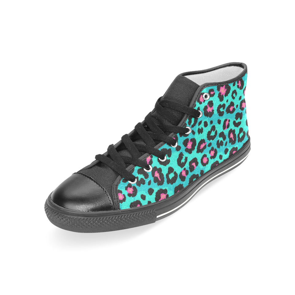 Green leopard skin print pattern Women's High Top Canvas Shoes Black