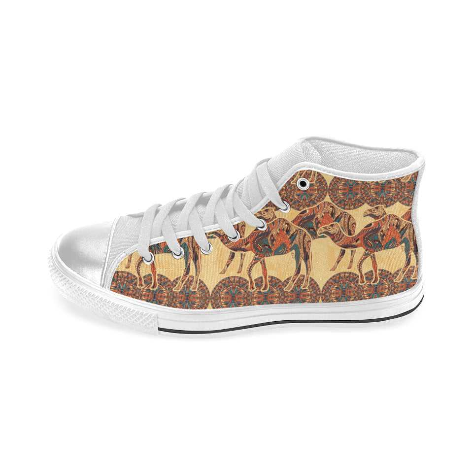 Camel polynesian tribal design pattern Women's High Top Canvas Shoes White