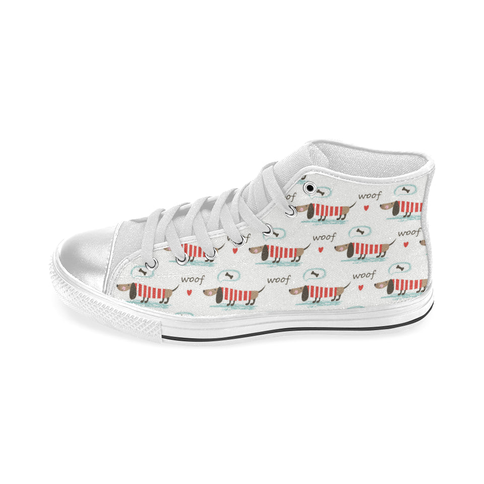 Cute dachshund bone pattern Women's High Top Canvas Shoes White