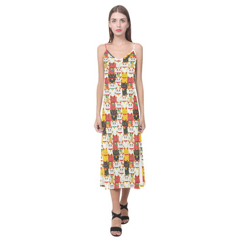 Colorful Maneki neko cat pattern V-Neck Open Fork Long Dress
