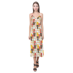 Colorful Maneki neko cat pattern V-Neck Open Fork Long Dress