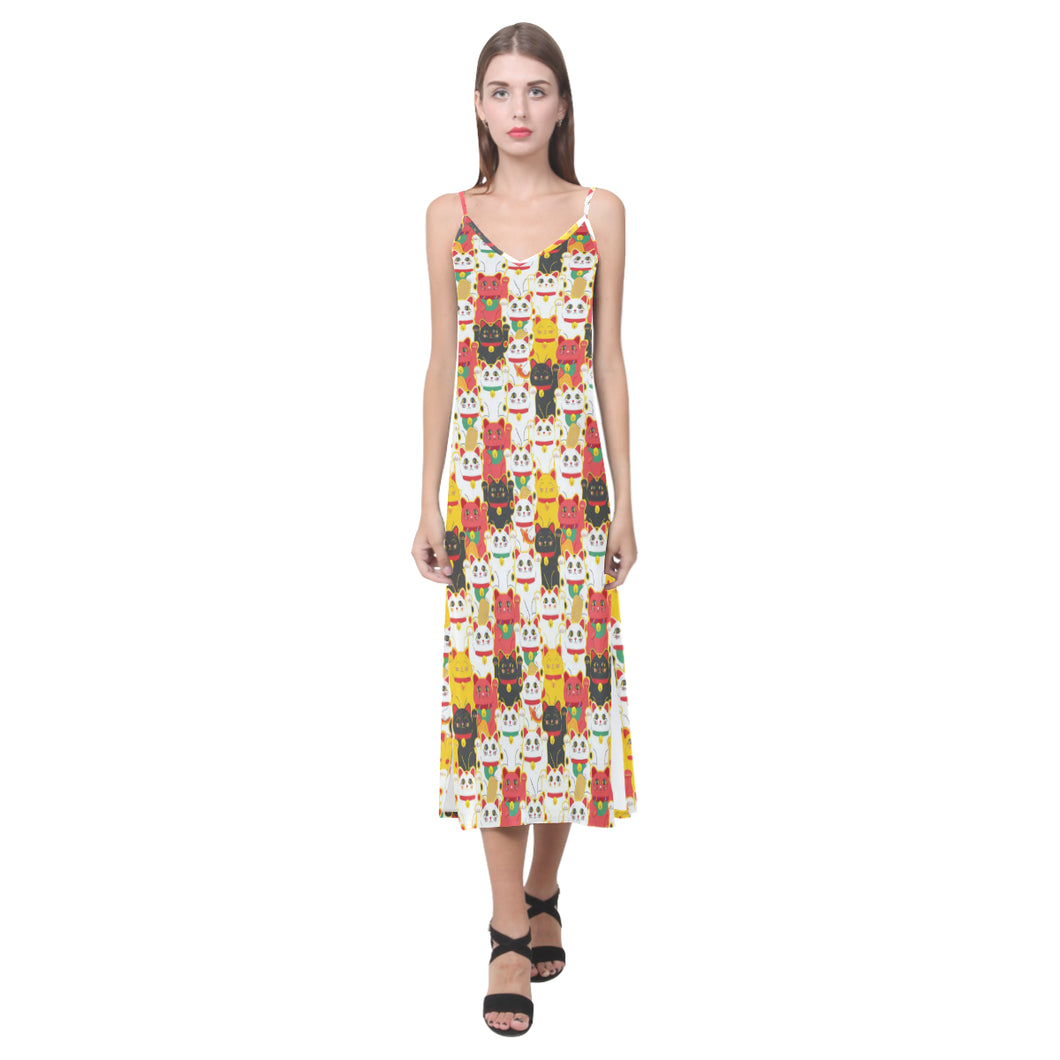 Colorful Maneki neko cat pattern V-Neck Open Fork Long Dress