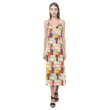 Colorful Maneki neko cat pattern V-Neck Open Fork Long Dress