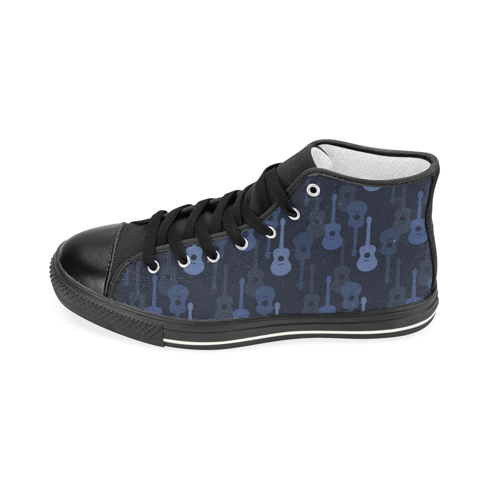 Blue Theme guitar pattern Women's High Top Canvas Shoes Black