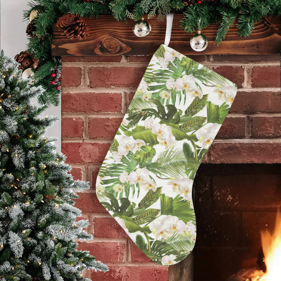 White orchid flower tropical leaves pattern Christmas Stocking