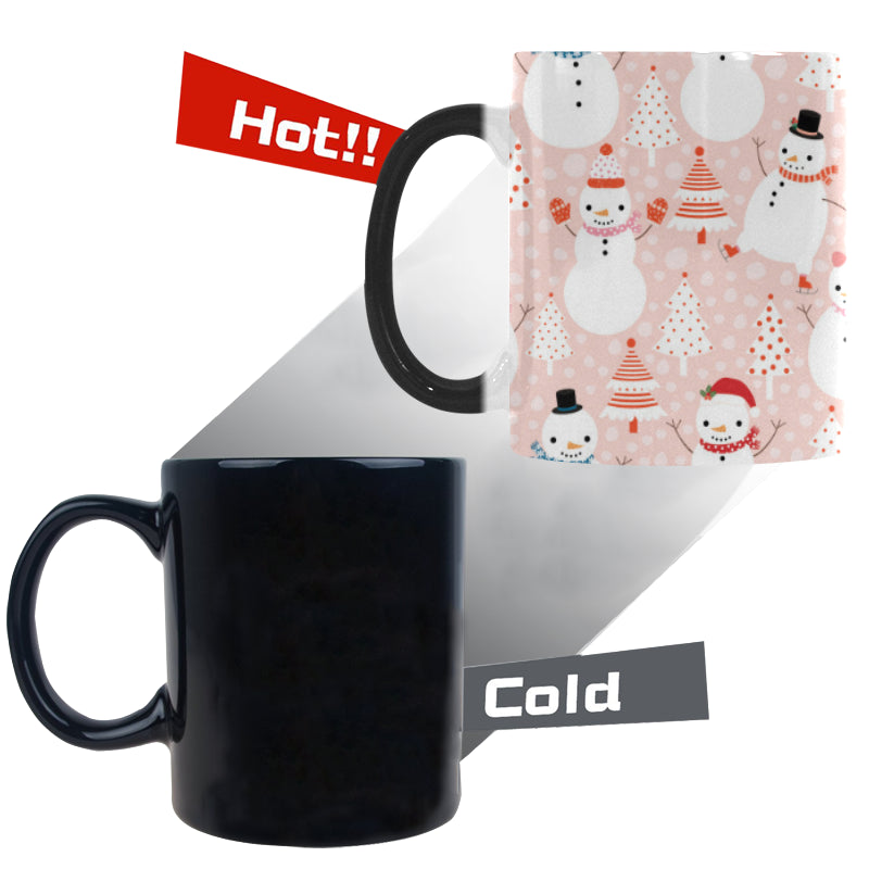 Cute snowman christmas tree snowpink background Morphing Mug Heat Changing Mug