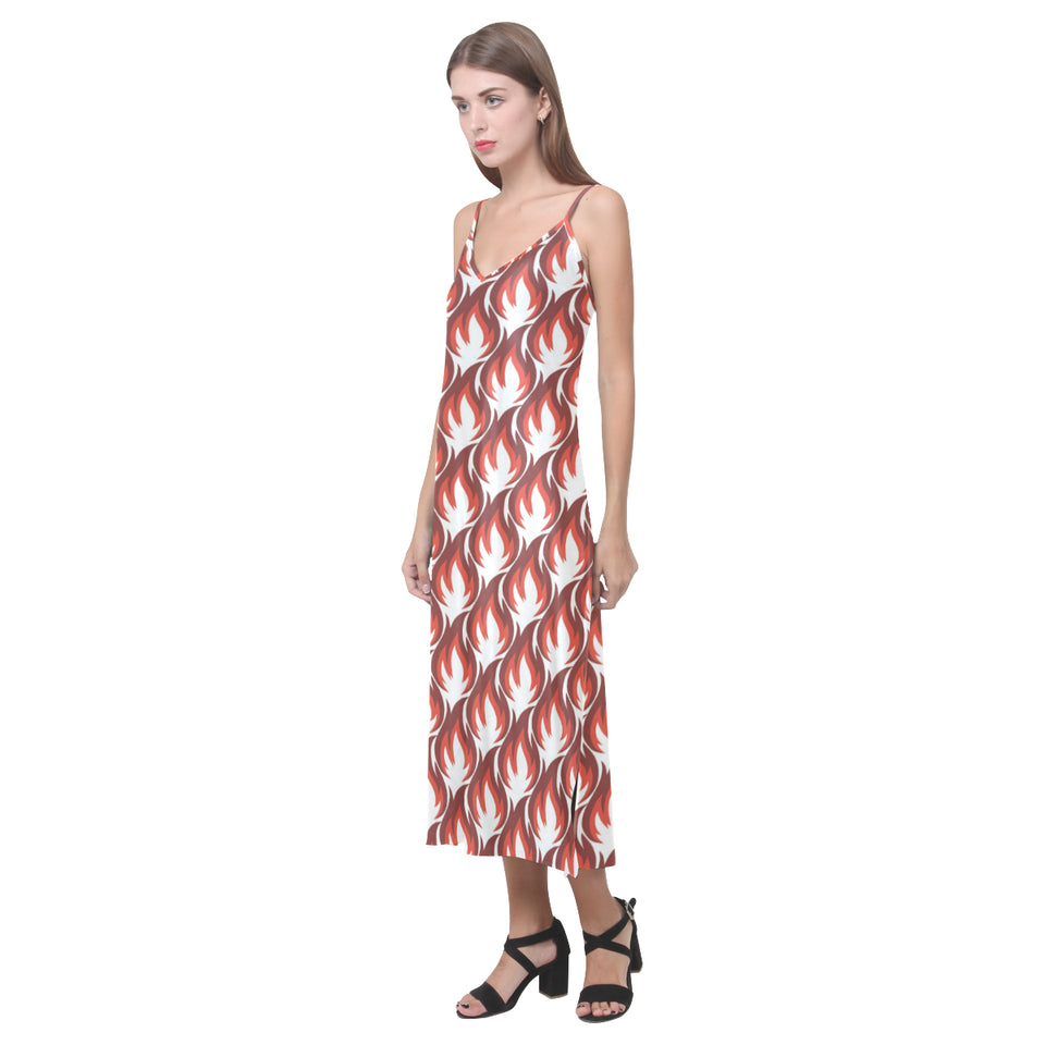 Fire flame symbol design pattern V-Neck Open Fork Long Dress