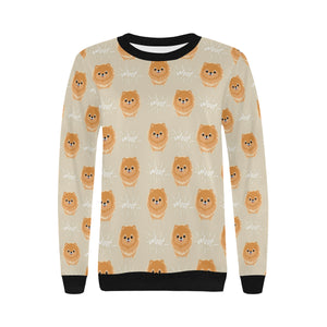Cute brown pomeranian puppy on blue Women's Crew Neck Sweatshirt