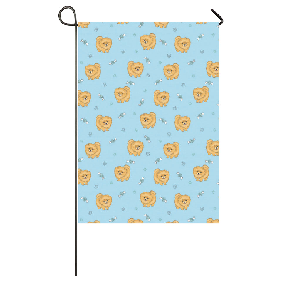 Brown cute pomeranian blue blackground House Flag Garden Flag