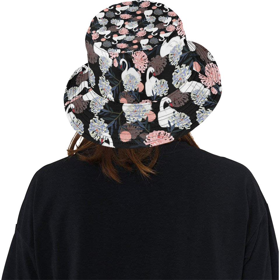 white swan blooming flower pattern Unisex Bucket Hat