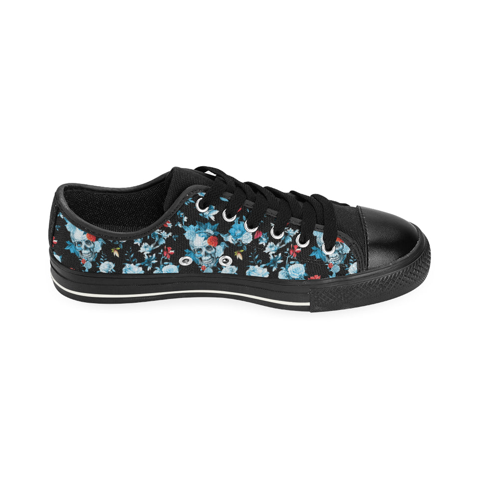 Skull flower roses leave pattern Men's Low Top Canvas Shoes Black