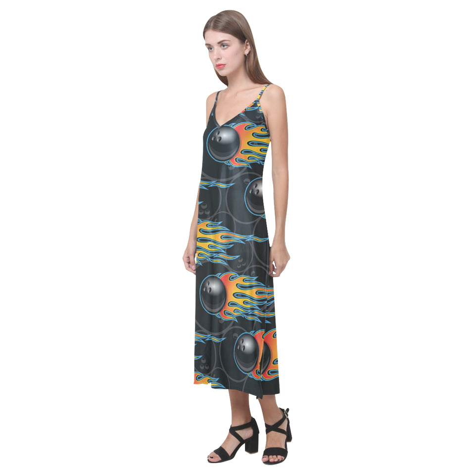 Bowling balls flame pattern V-Neck Open Fork Long Dress