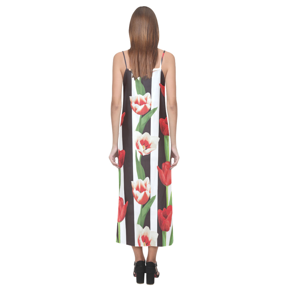 red and white tulips pattern V-Neck Open Fork Long Dress