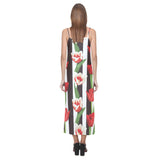 red and white tulips pattern V-Neck Open Fork Long Dress
