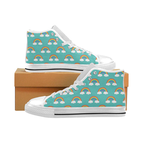 Rainbow pattern green background Men's High Top Canvas Shoes White