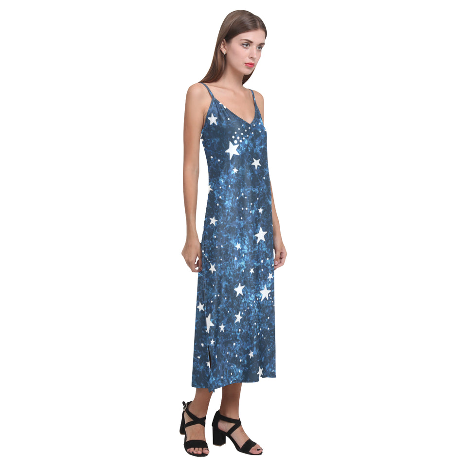Night sky star pattern V-Neck Open Fork Long Dress
