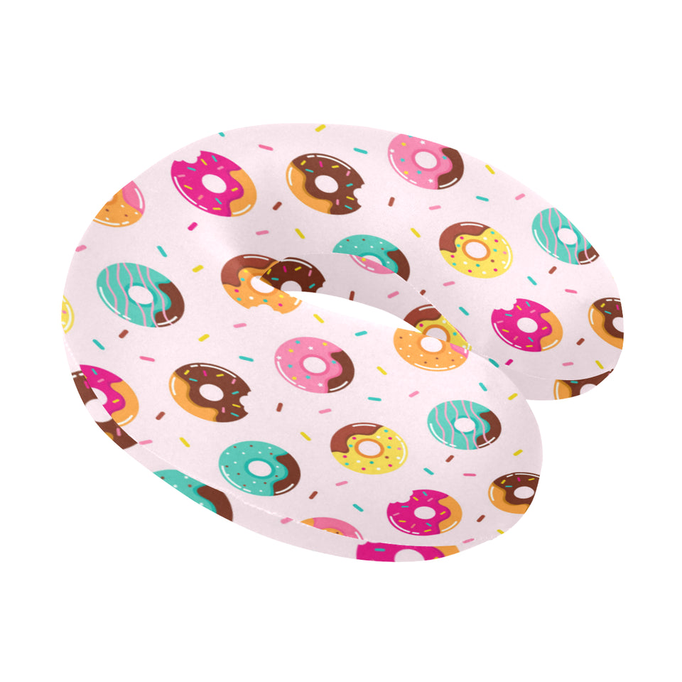 Donut pattern glaze pink background U-Shaped Travel Neck Pillow