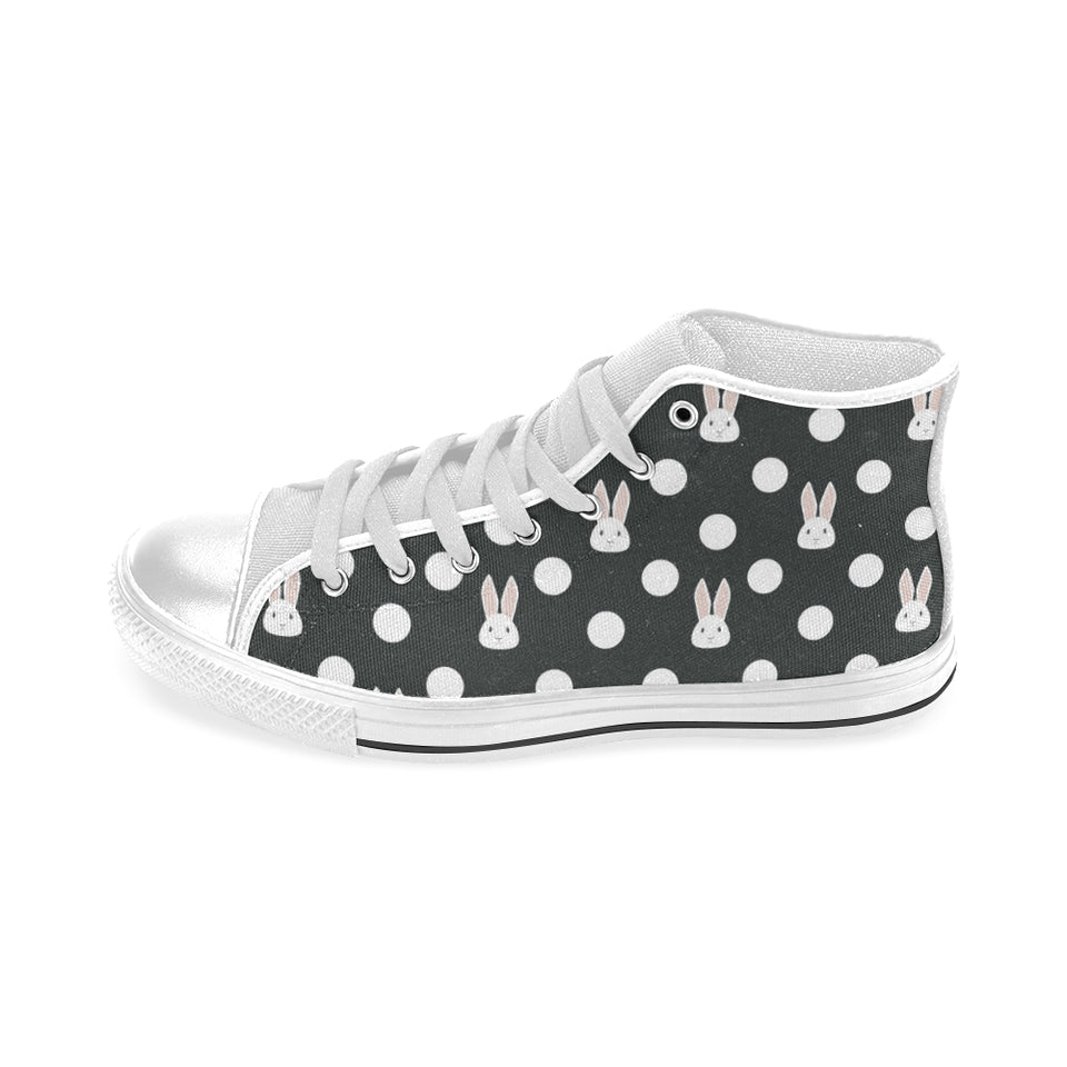 Cute white rabbit polka dots black background Men's High Top Canvas Shoes White