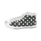 Cute white rabbit polka dots black background Men's High Top Canvas Shoes White