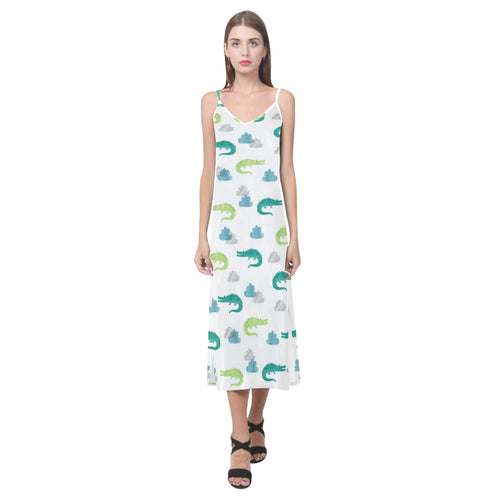 watercolor crocodile pattern V-Neck Open Fork Long Dress