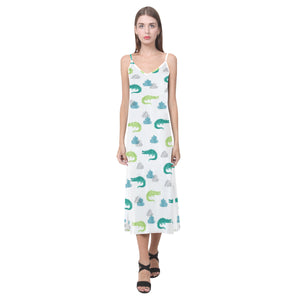 watercolor crocodile pattern V-Neck Open Fork Long Dress