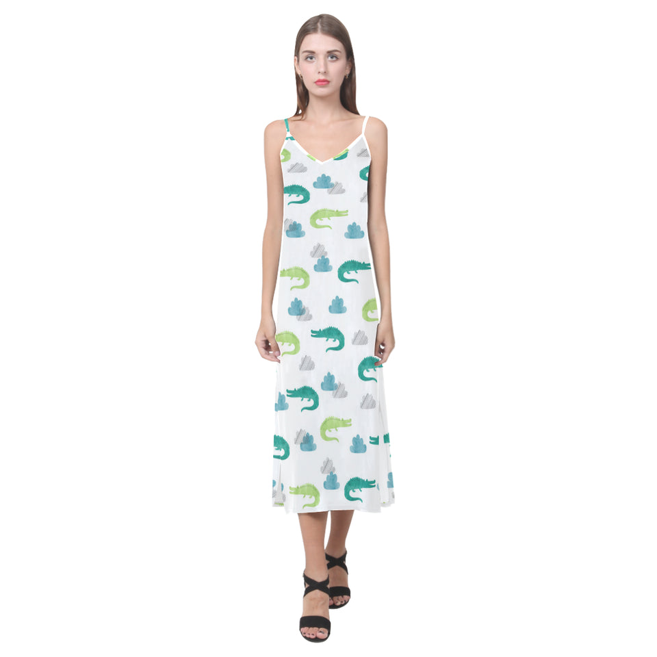 watercolor crocodile pattern V-Neck Open Fork Long Dress