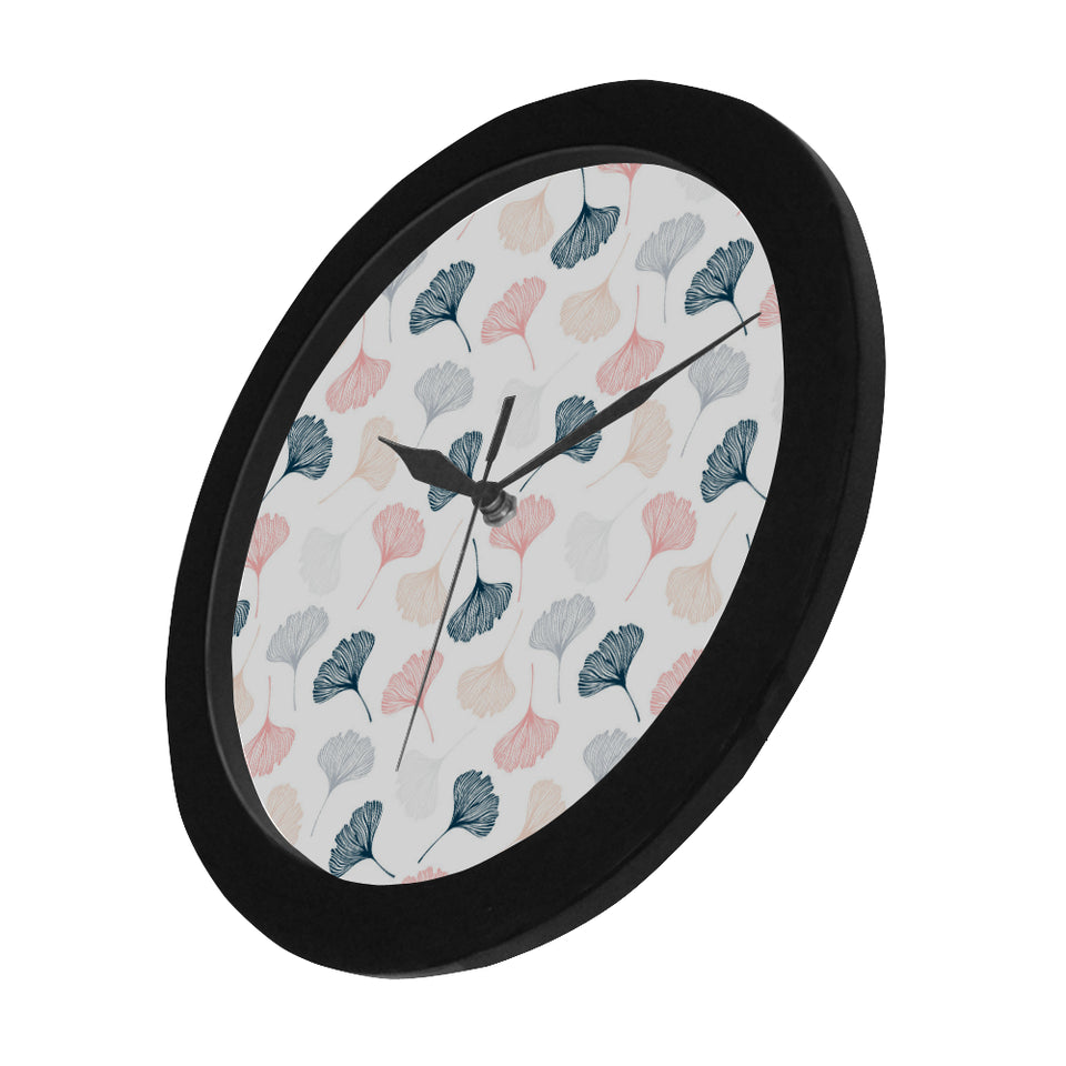 Black Gray Cream coral ginkgo leaves pattern Elegant Black Wall Clock