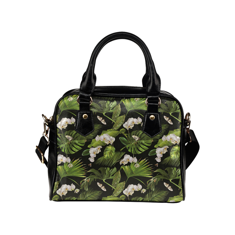 White orchid flower tropical leaves pattern blackg Shoulder Handbag