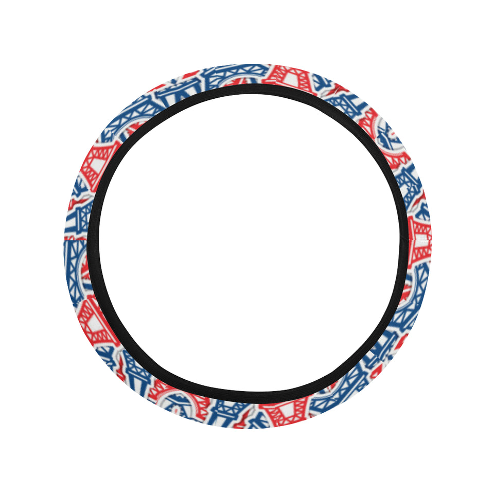 Blue Red Eiffel Tower Pattern Print Design 02 Car Steering Wheel Cover