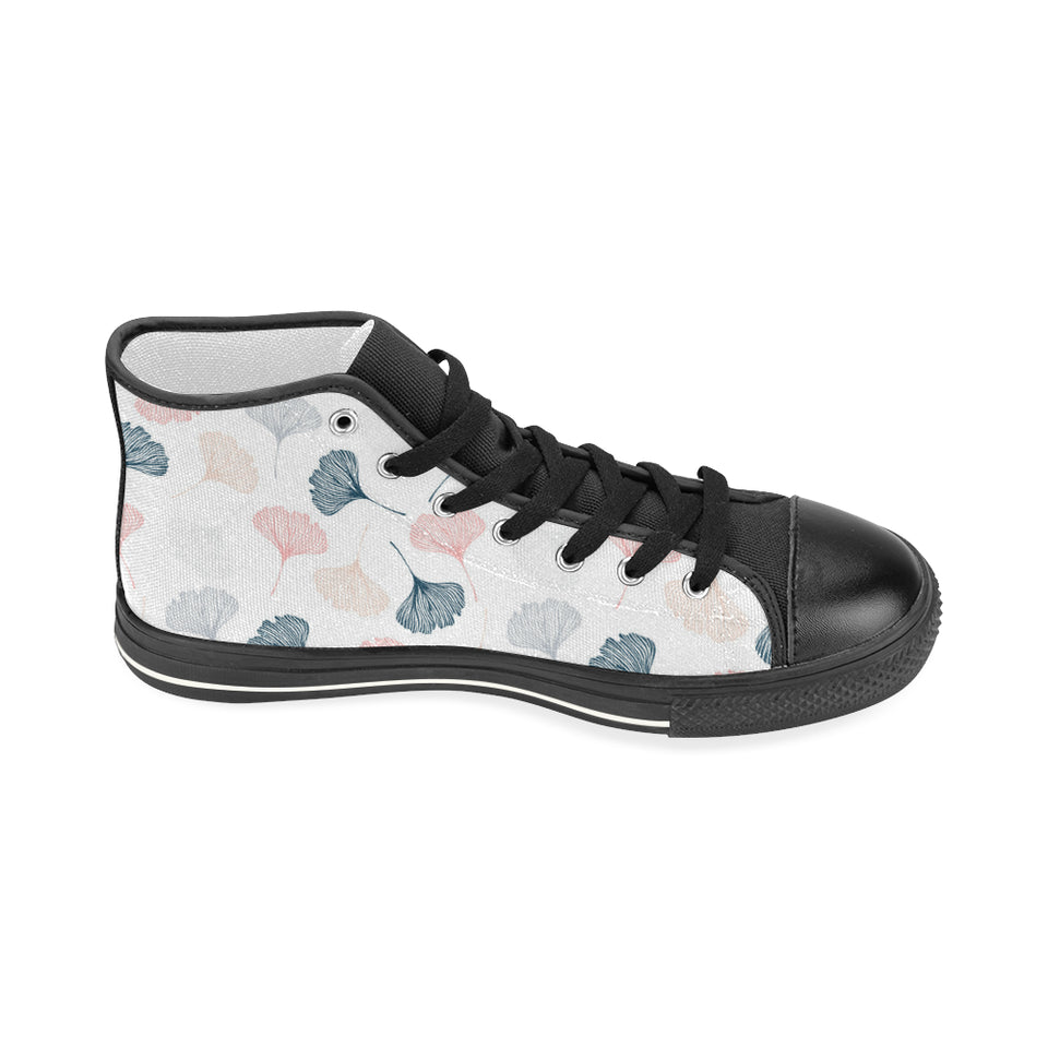 Black Gray Cream coral ginkgo leaves pattern Women's High Top Canvas Shoes Black