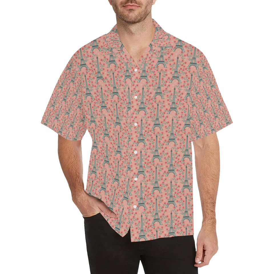 Eiffel Tower Flower Background Pattern Print Desig Men's All Over Print Hawaiian Shirt (Model T58)