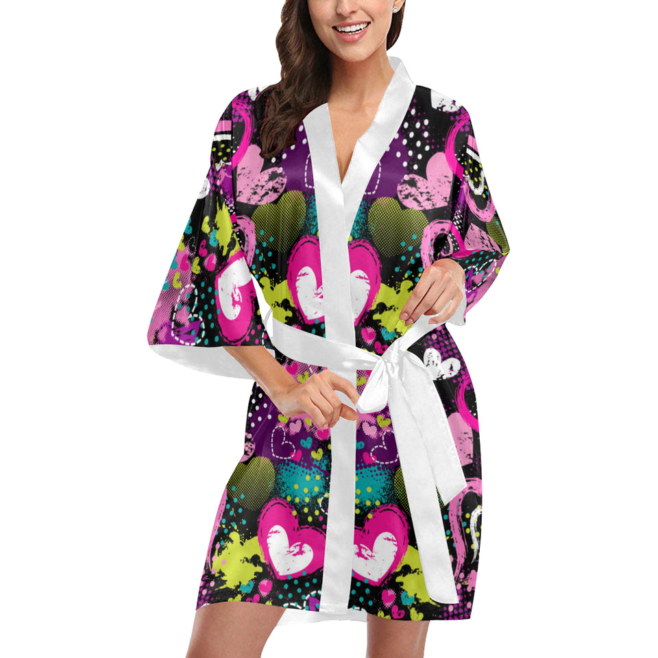 heart dot wave star creative design pattern Women's Short Kimono Robe