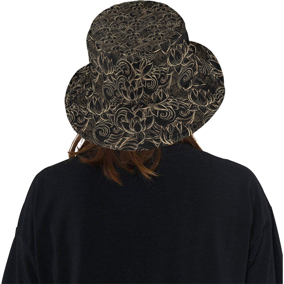 luxurious gold lotus waterlily black background Unisex Bucket Hat