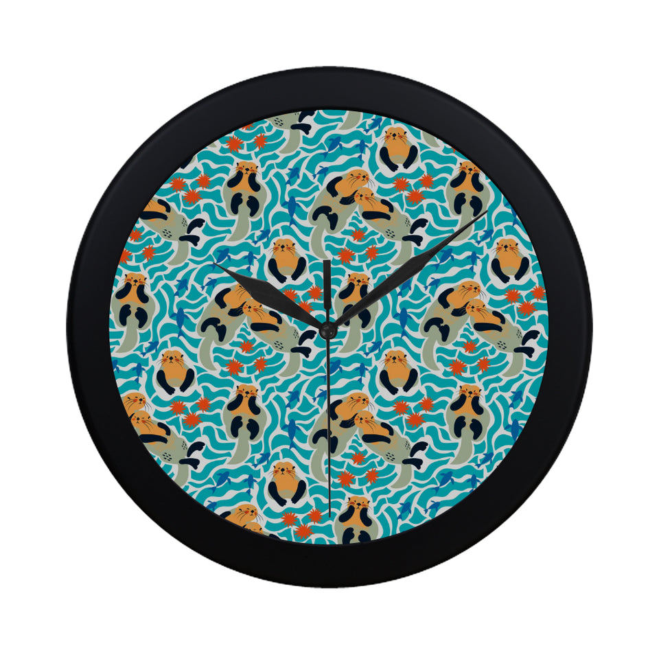 Cute sea otters fishe sea urchin pattern Elegant Black Wall Clock