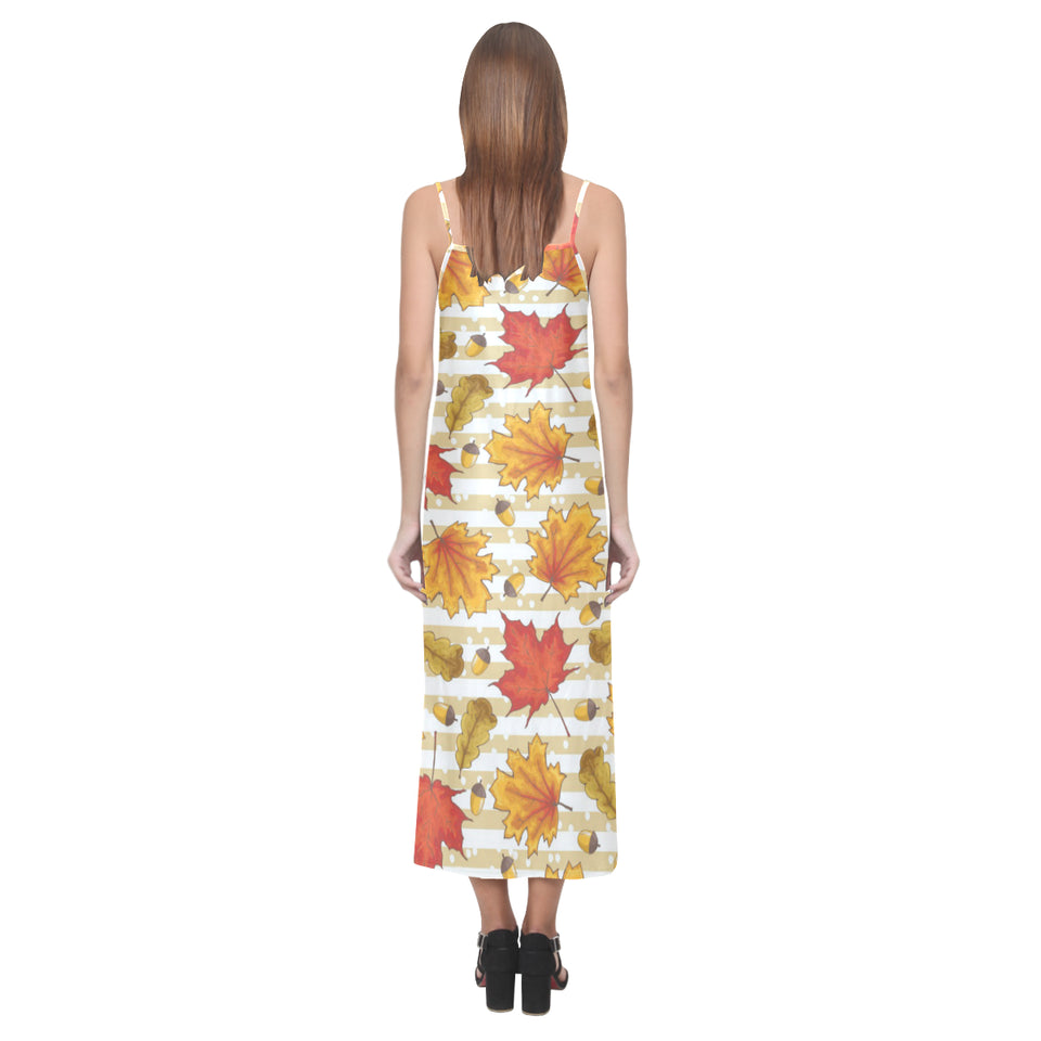 Maple leaf oak leaf acorns beige striped backgroun V-Neck Open Fork Long Dress