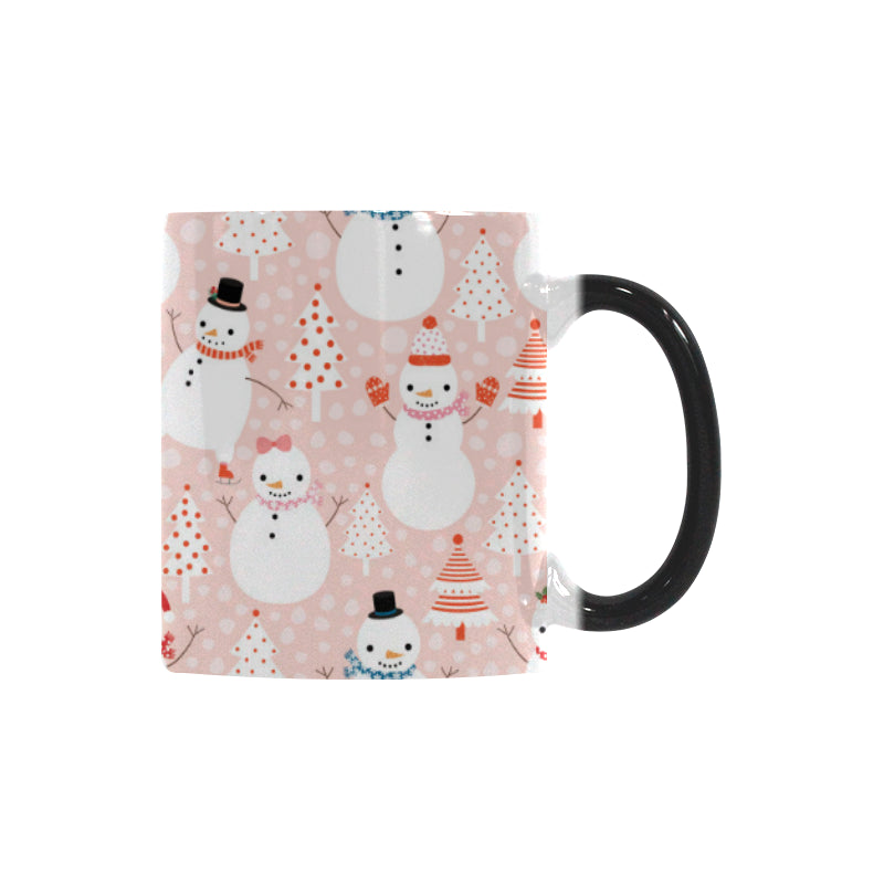Cute snowman christmas tree snowpink background Morphing Mug Heat Changing Mug