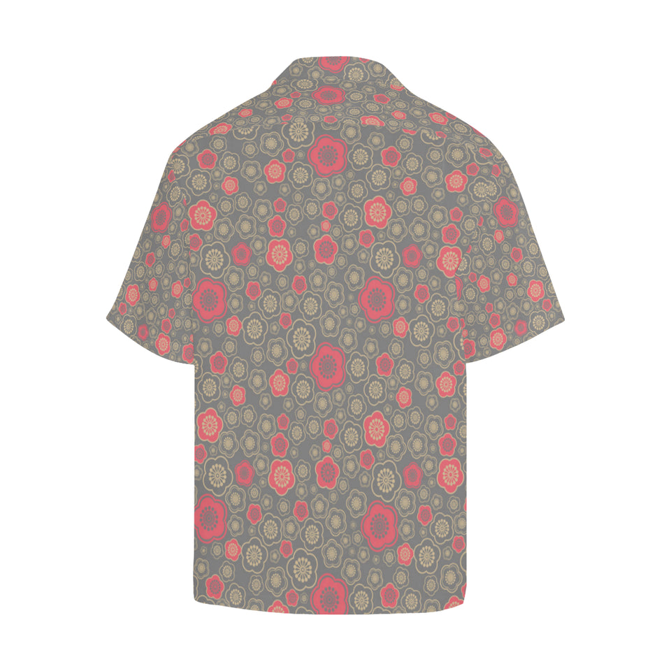 Red gold Sakura cherry blossom gray background Men's All Over Print Hawaiian Shirt